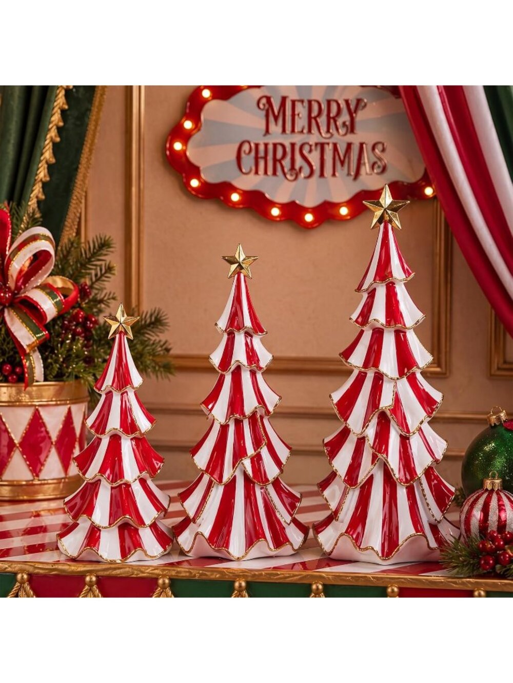 🎄 3 Pcs Candy White Red Christmas Ceramic Trees Hand-Painted Tabletop Decor